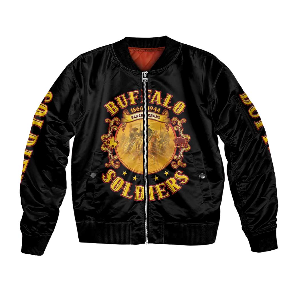 Honor Buffalo Soldiers Sleeve Zip Bomber Jacket African American Cavalry Black Version - African Pride