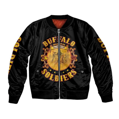 Honor Buffalo Soldiers Sleeve Zip Bomber Jacket African American Cavalry Black Version - African Pride