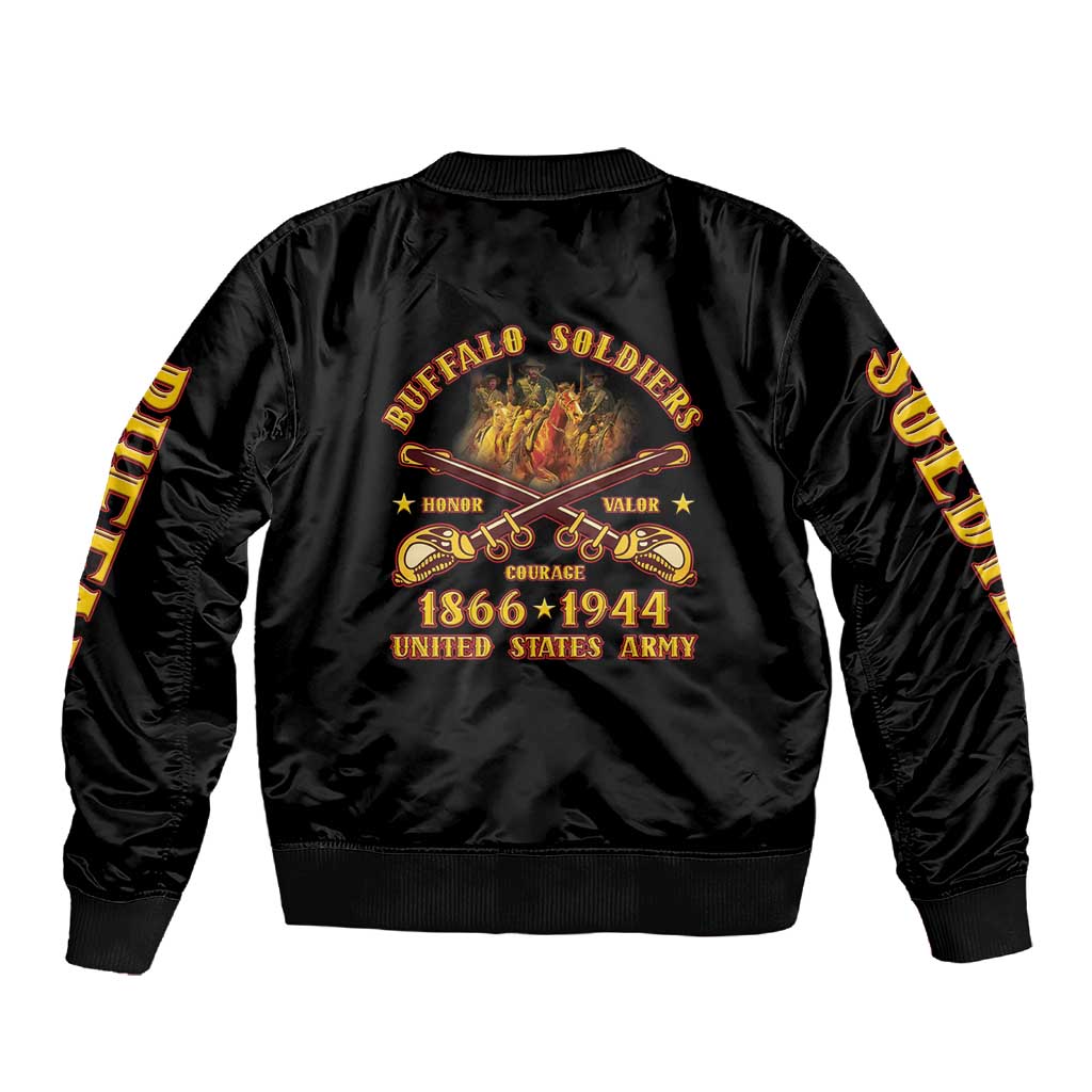 Honor Buffalo Soldiers Sleeve Zip Bomber Jacket African American Cavalry Black Version - African Pride