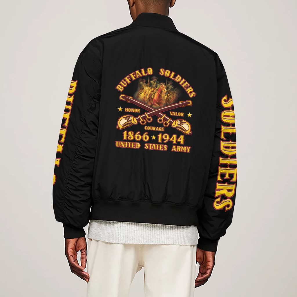 Honor Buffalo Soldiers Sleeve Zip Bomber Jacket African American Cavalry Black Version - African Pride