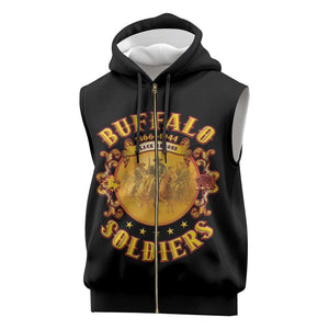 Honor Buffalo Soldiers Sleeveless Zip Hoodie African American Cavalry Black Version - African Pride