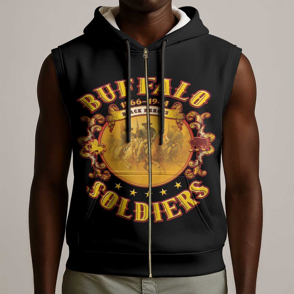 Honor Buffalo Soldiers Sleeveless Zip Hoodie African American Cavalry Black Version - African Pride