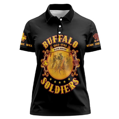 Honor Buffalo Soldiers Women Polo Shirt African American Cavalry Black Version - African Pride