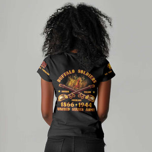 Honor Buffalo Soldiers Women V-Neck T-Shirt African American Cavalry Black Version - African Pride