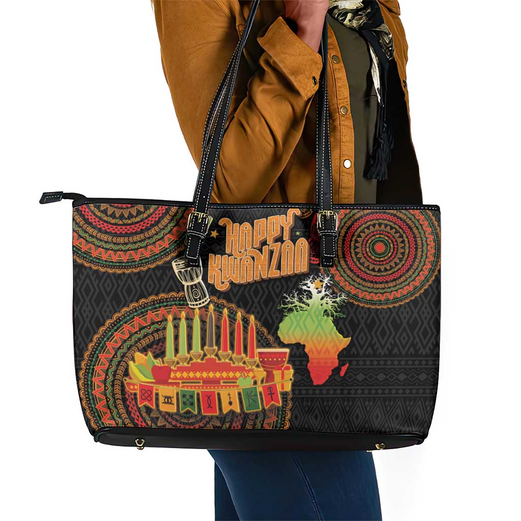 Kwanzaa Kinara Candles Leather Tote Bag African Tribal Pattern