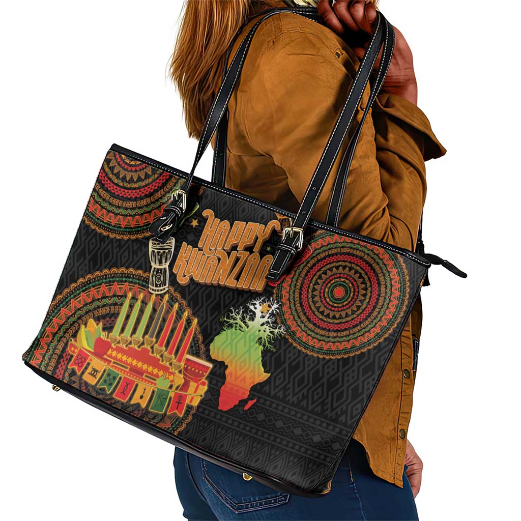 Kwanzaa Kinara Candles Leather Tote Bag African Tribal Pattern
