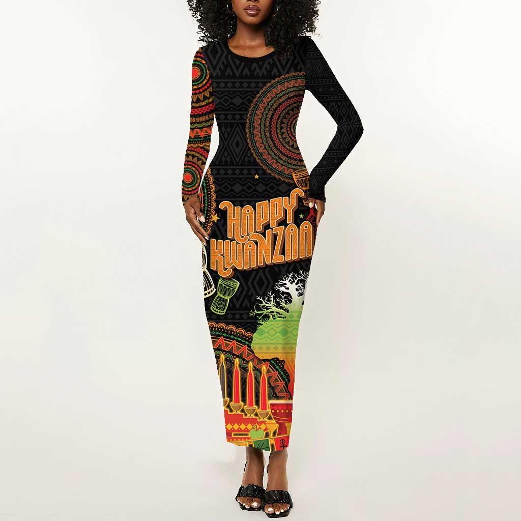 Kwanzaa Kinara Candles Long Sleeve Bodycon Dress African Tribal Pattern LT05