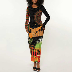 Kwanzaa Kinara Candles Long Sleeve Bodycon Dress African Tribal Pattern LT05