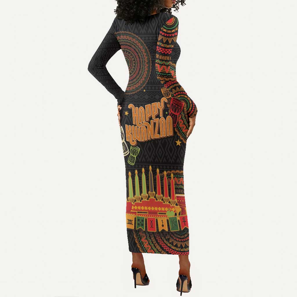 Kwanzaa Kinara Candles Long Sleeve Bodycon Dress African Tribal Pattern LT05