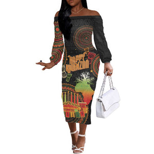 Kwanzaa Kinara Candles Off The Shoulder Long Sleeve Dress African Tribal Pattern