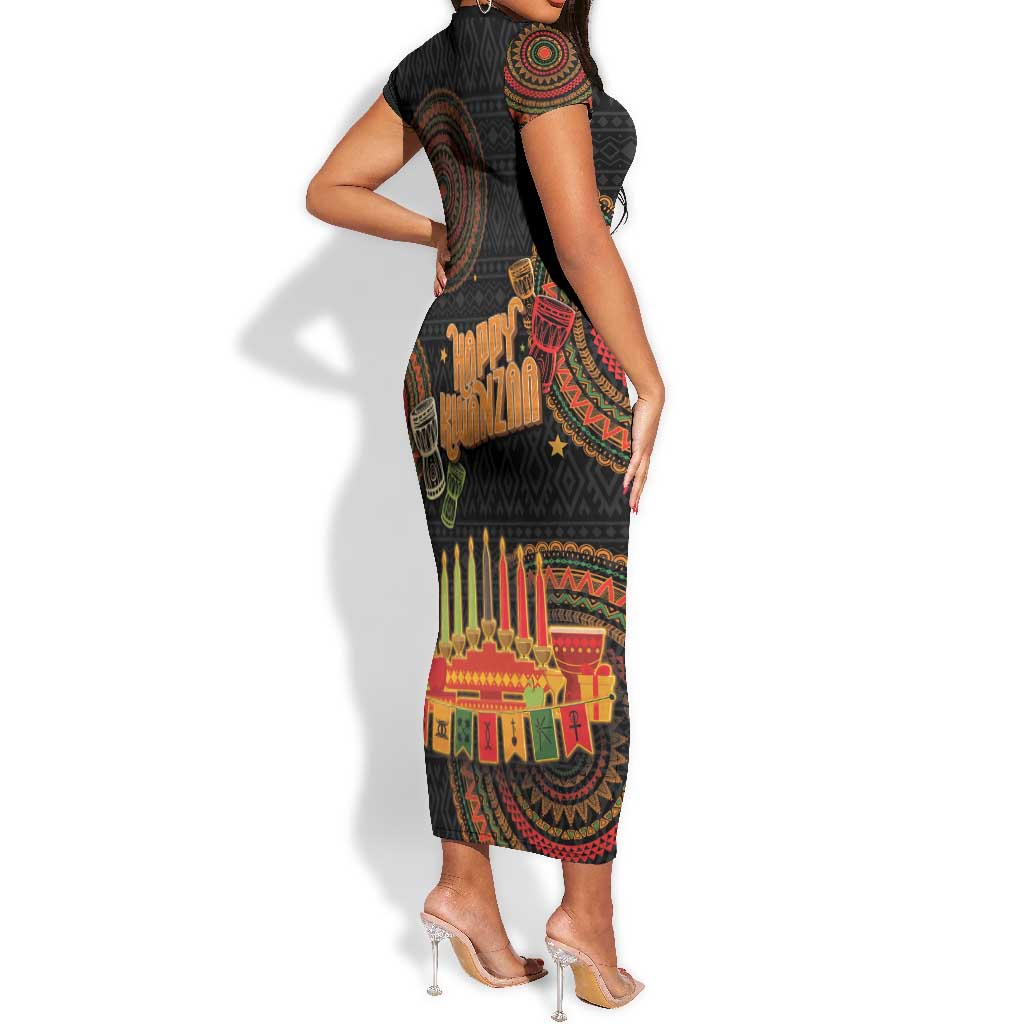Kwanzaa Kinara Candles Short Sleeve Bodycon Dress African Tribal Pattern LT05