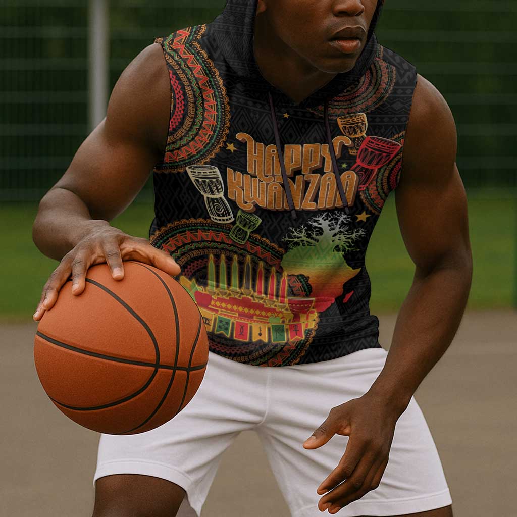 Kwanzaa Kinara Candles Sleeveless Hoodie African Tribal Pattern - African Pride
