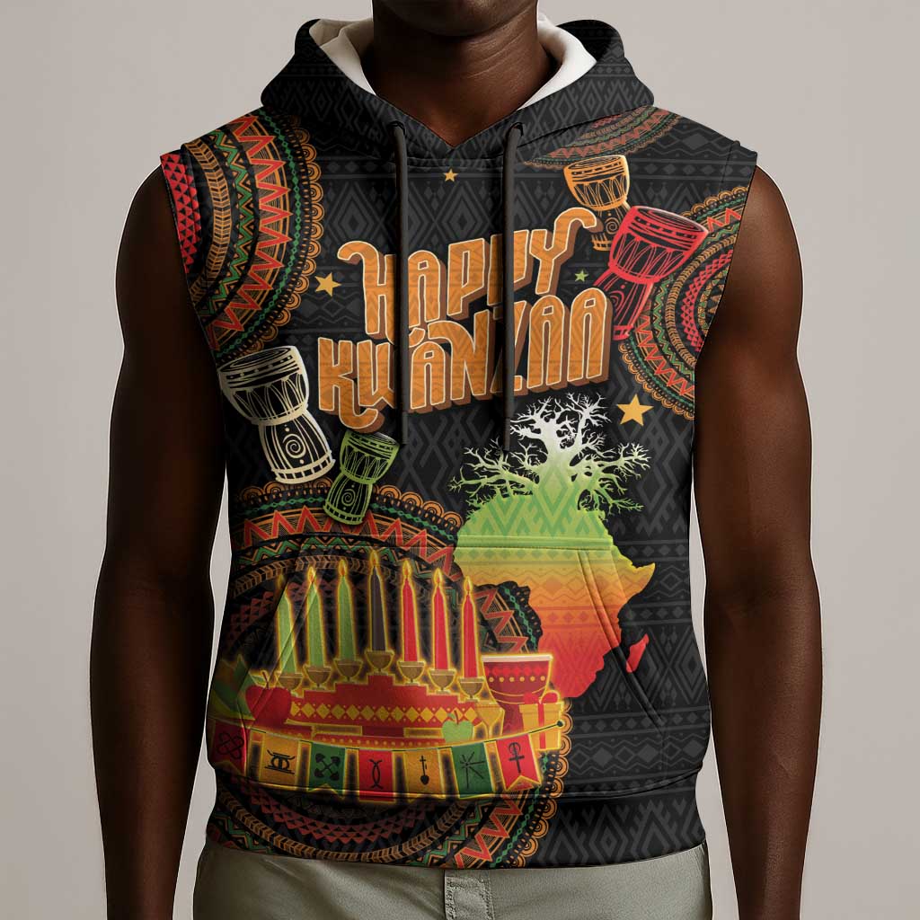 Kwanzaa Kinara Candles Sleeveless Hoodie African Tribal Pattern - African Pride