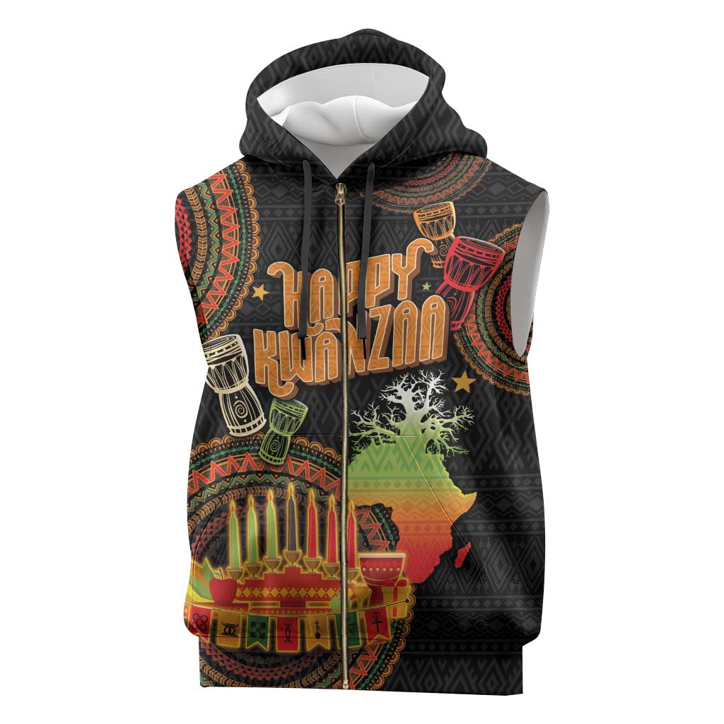 Kwanzaa Kinara Candles Sleeveless Zip Hoodie African Tribal Pattern - African Pride