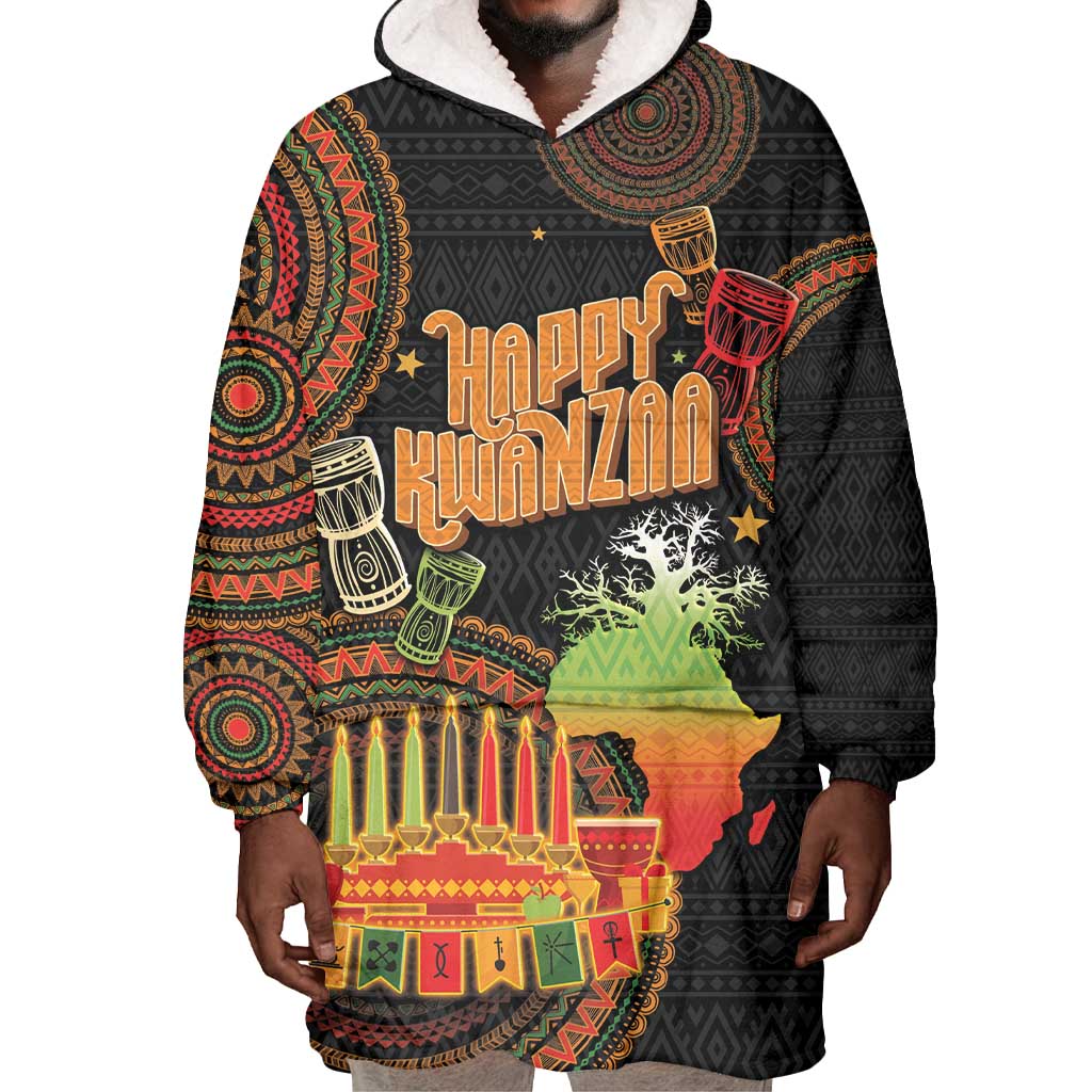 Kwanzaa Kinara Candles Wearable Blanket Hoodie African Tribal Pattern