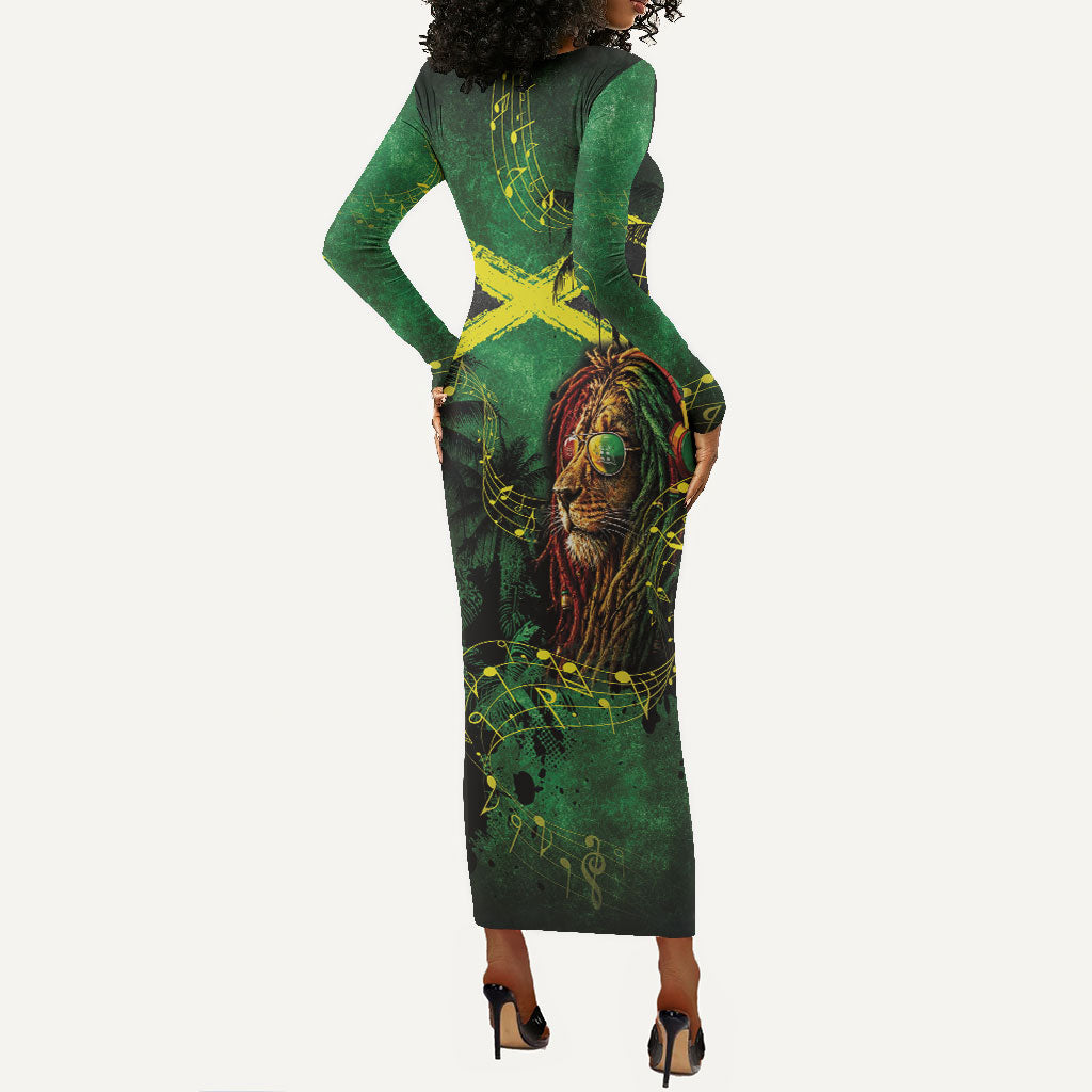 One Love Jamaica Long Sleeve Bodycon Dress Rastafarian Lion Reggae Grunge Style