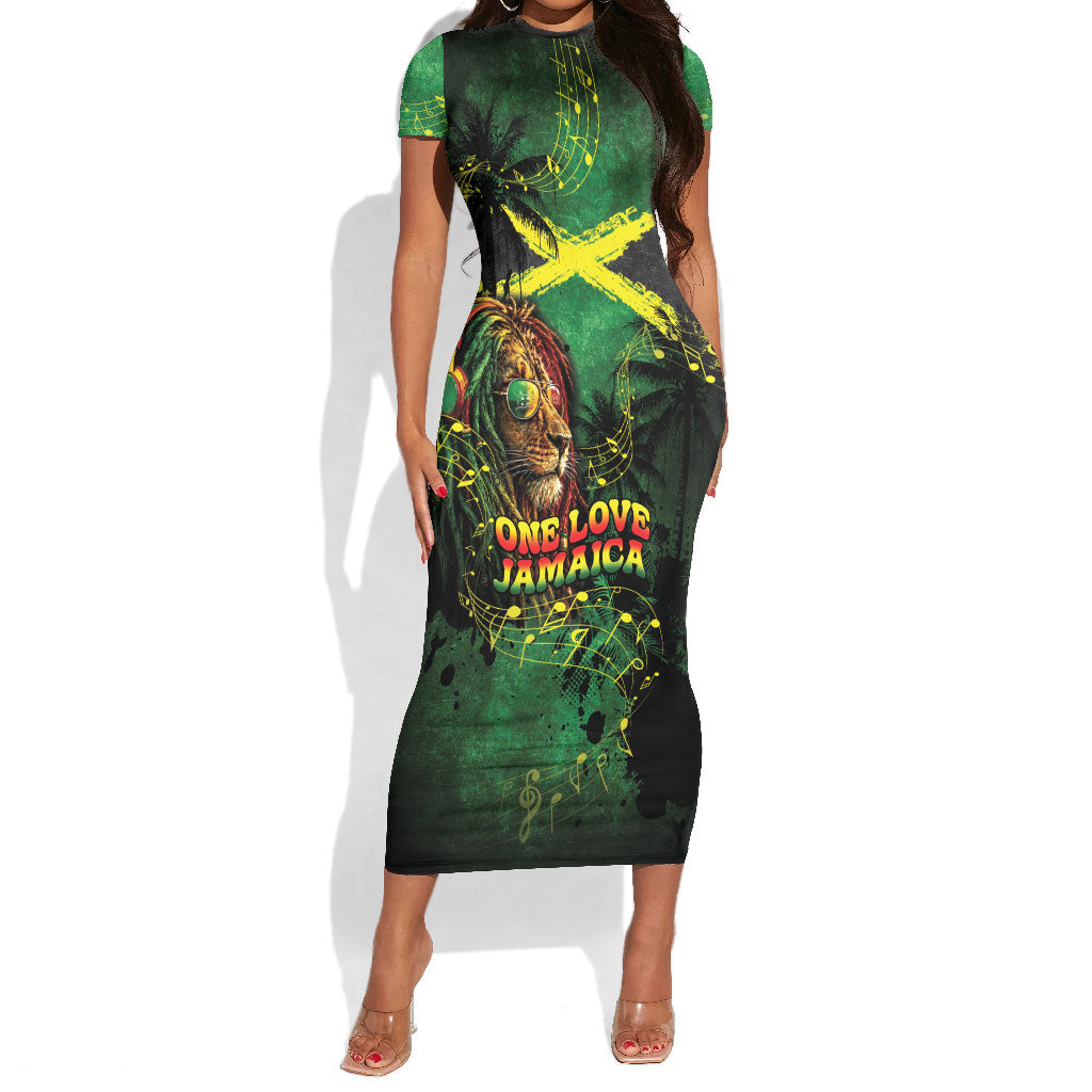 One Love Jamaica Short Sleeve Bodycon Dress Rastafarian Lion Reggae Grunge Style