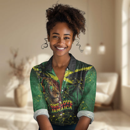 One Love Jamaica Women Casual Shirt Rastafarian Lion Reggae Grunge Style