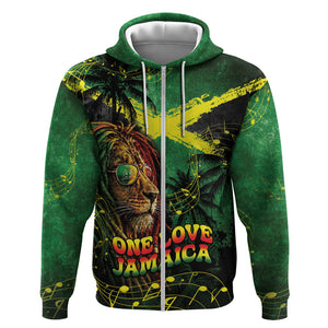 One Love Jamaica Zip Hoodie Rastafarian Lion Reggae Grunge Style