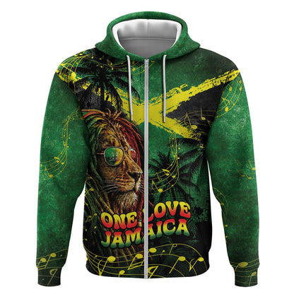 One Love Jamaica Zip Hoodie Rastafarian Lion Reggae Grunge Style