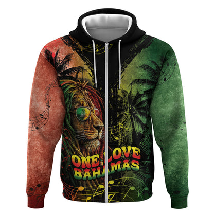 One Love Bahamas Zip Hoodie Rastafarian Lion Reggae Grunge Style