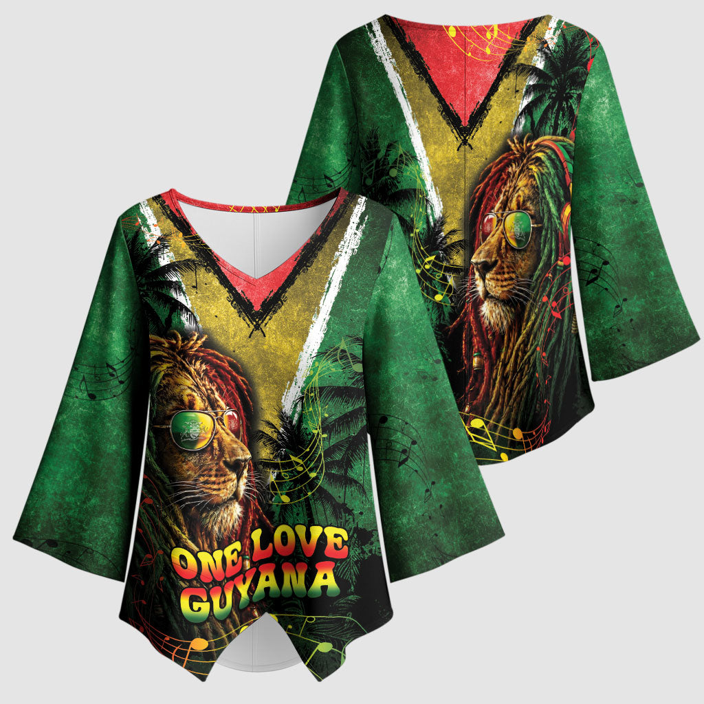 One Love Guyana Kimono Sleeve Blouse Rastafarian Lion Reggae Grunge Style