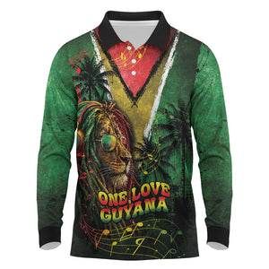 One Love Guyana Long Sleeve Polo Shirt Rastafarian Lion Reggae Grunge Style