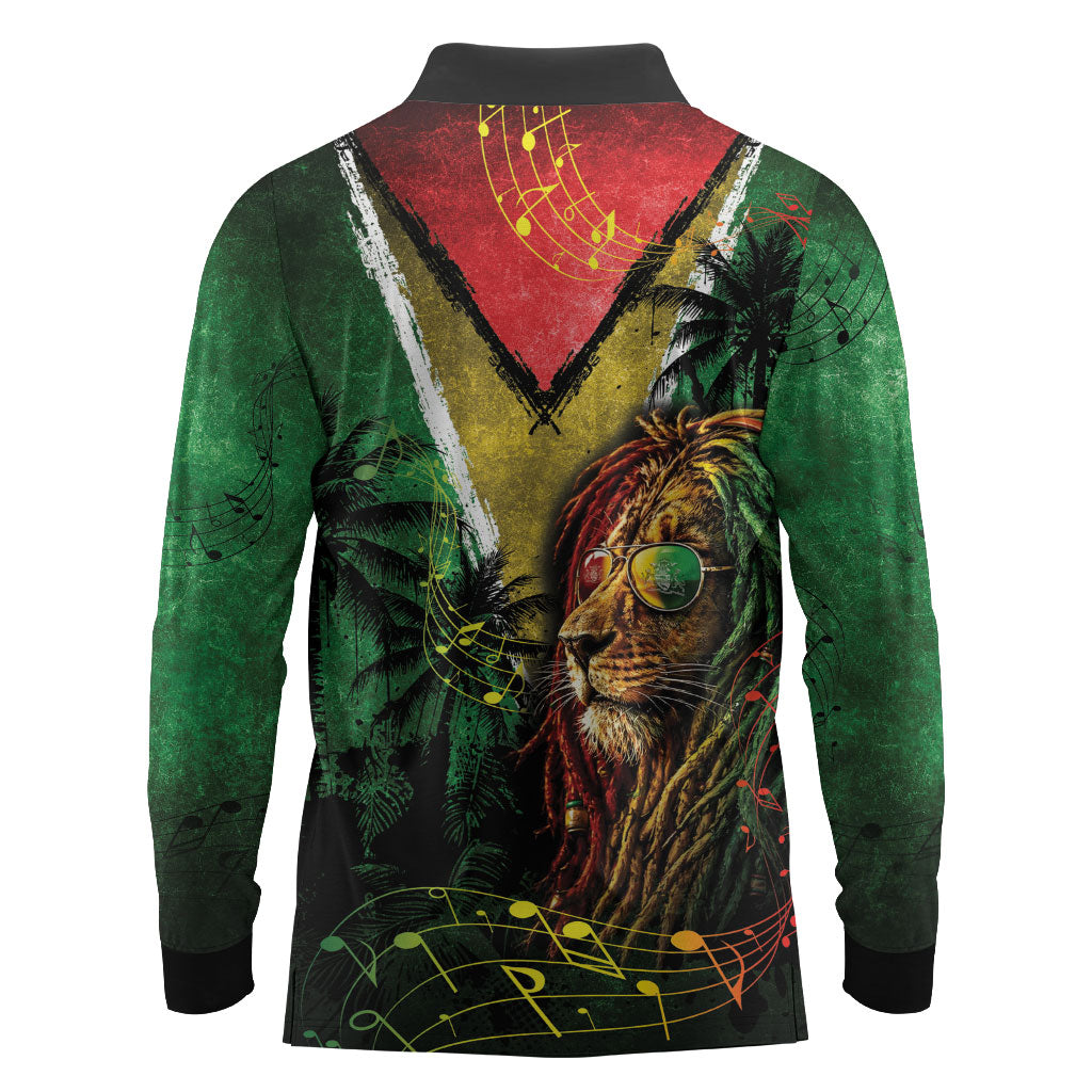 One Love Guyana Long Sleeve Polo Shirt Rastafarian Lion Reggae Grunge Style