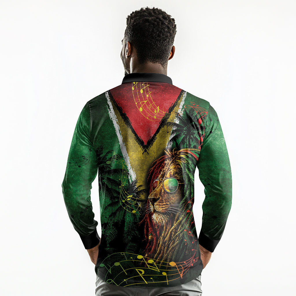 One Love Guyana Long Sleeve Polo Shirt Rastafarian Lion Reggae Grunge Style