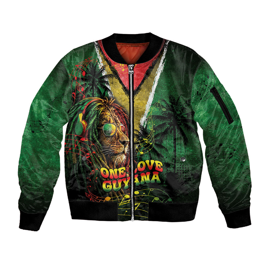 One Love Guyana Sleeve Zip Bomber Jacket Rastafarian Lion Reggae Grunge Style