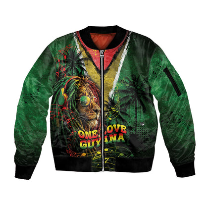 One Love Guyana Sleeve Zip Bomber Jacket Rastafarian Lion Reggae Grunge Style