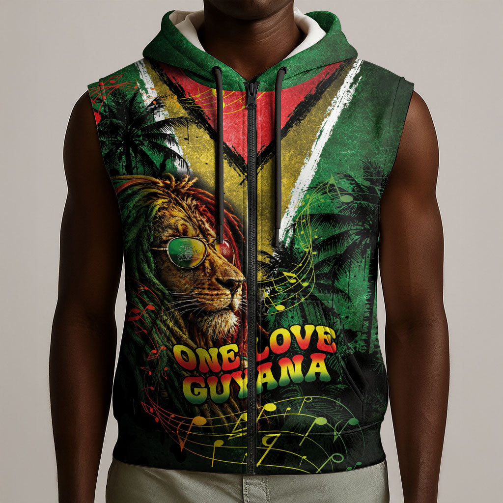 One Love Guyana Sleeveless Zip Hoodie Rastafarian Lion Reggae Grunge Style