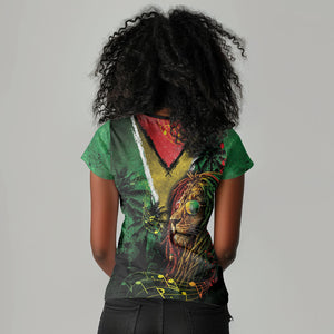 One Love Guyana Women V-Neck T-Shirt Rastafarian Lion Reggae Grunge Style