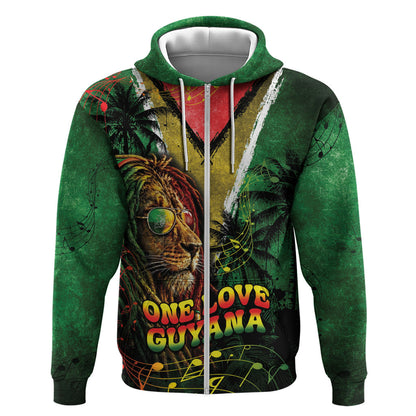 One Love Guyana Zip Hoodie Rastafarian Lion Reggae Grunge Style