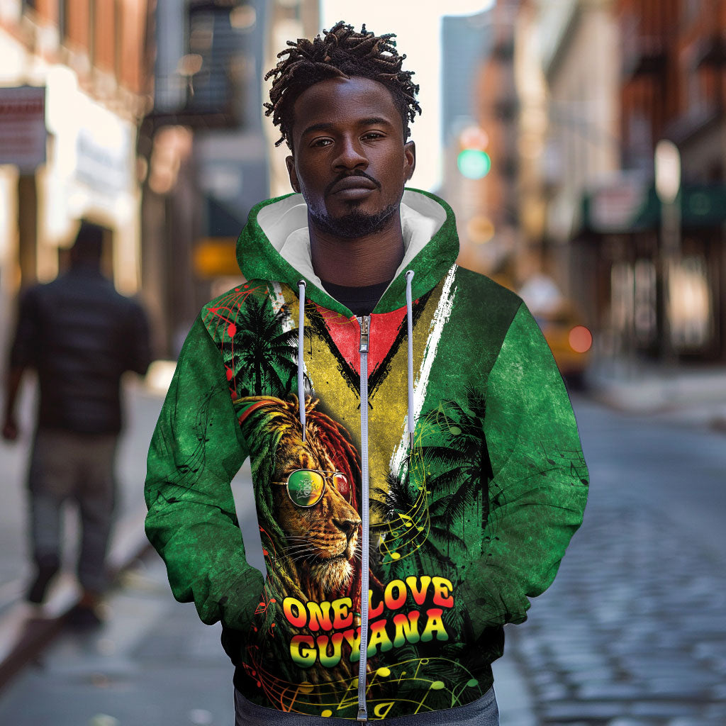 One Love Guyana Zip Hoodie Rastafarian Lion Reggae Grunge Style
