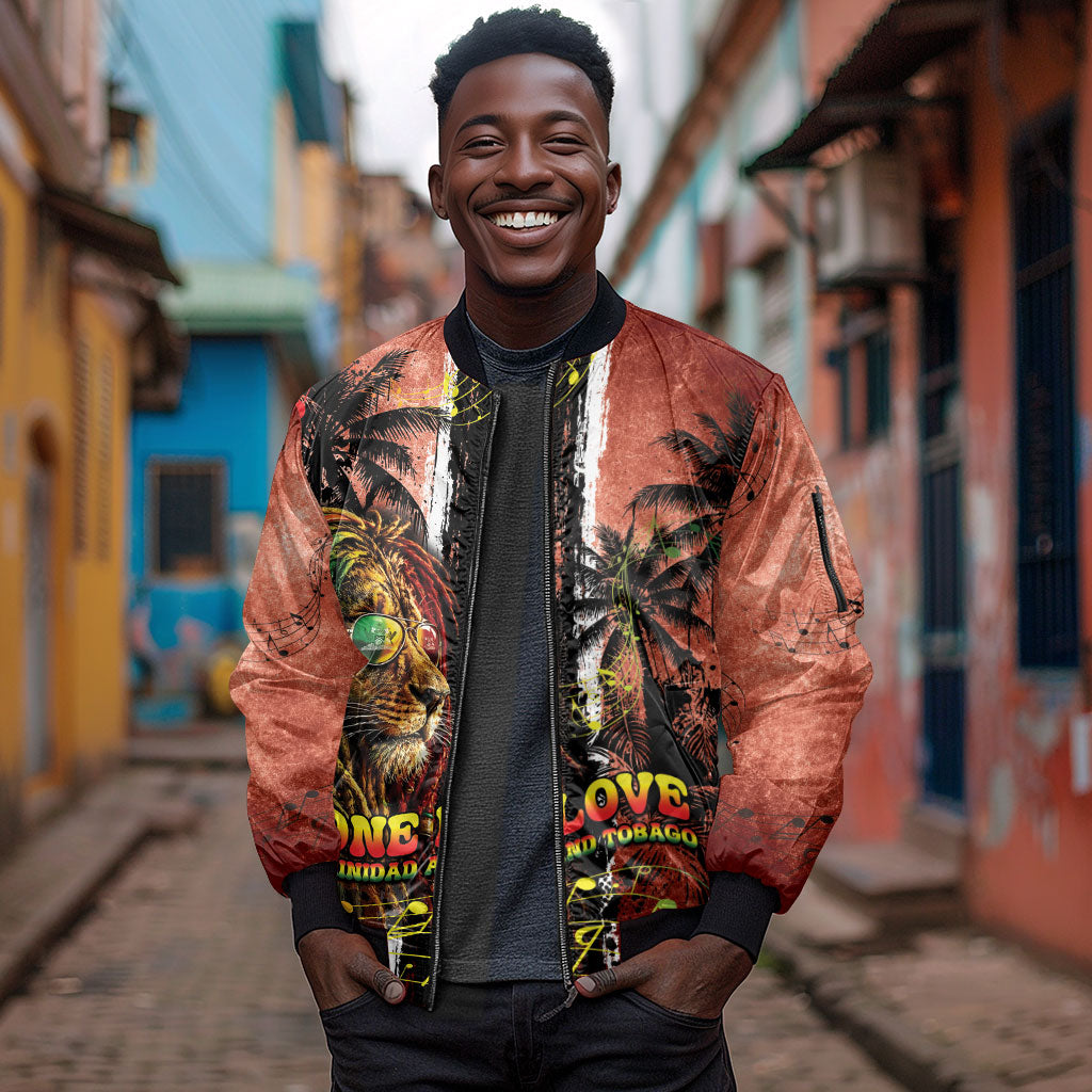 One Love Trinidad And Tobago Sleeve Zip Bomber Jacket Rastafarian Lion Reggae Grunge Style