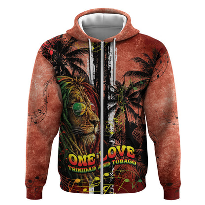 One Love Trinidad And Tobago Zip Hoodie Rastafarian Lion Reggae Grunge Style