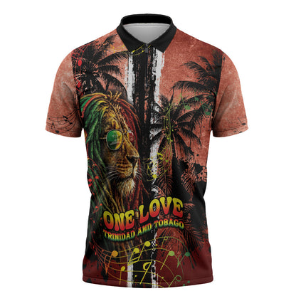 One Love Trinidad And Tobago Zipper Polo Shirt Rastafarian Lion Reggae Grunge Style