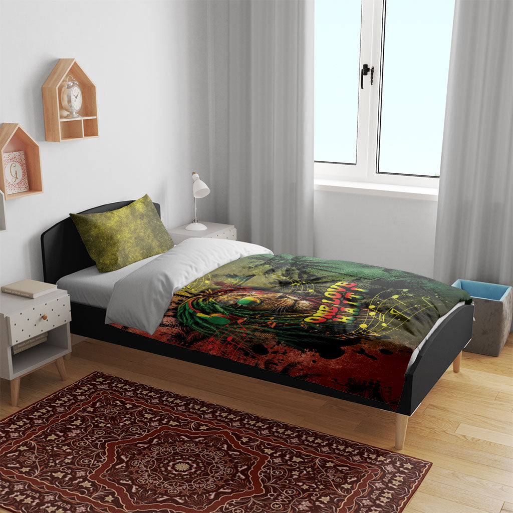 One Love Afro Haiti Bedding Set Rastafarian Lion Reggae Grunge Style