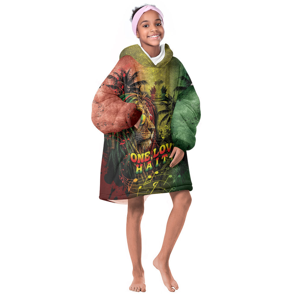 One Love Afro Haiti Kid Wearable Blanket Hoodie Rastafarian Lion Reggae Grunge Style