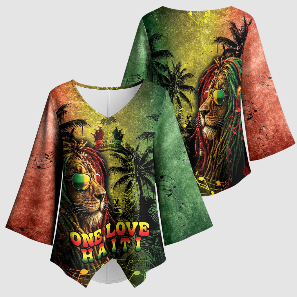 One Love Afro Haiti Kimono Sleeve Blouse Rastafarian Lion Reggae Grunge Style