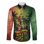 One Love Afro Haiti Long Sleeve Button Shirt Rastafarian Lion Reggae Grunge Style