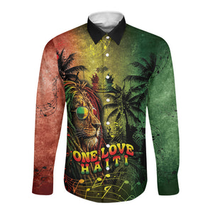 One Love Afro Haiti Long Sleeve Button Shirt Rastafarian Lion Reggae Grunge Style