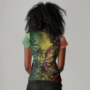 One Love Afro Haiti Women V-Neck T-Shirt Rastafarian Lion Reggae Grunge Style