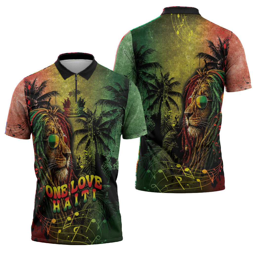 One Love Afro Haiti Zipper Polo Shirt Rastafarian Lion Reggae Grunge Style