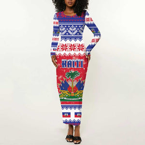 Afro Haiti Christmas Long Sleeve Bodycon Dress Coat Of Arms Jwaye Nwel - African Pride