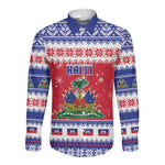 Afro Haiti Christmas Long Sleeve Button Shirt Coat Of Arms Jwaye Nwel - African Pride