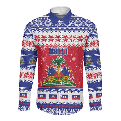 Afro Haiti Christmas Long Sleeve Button Shirt Coat Of Arms Jwaye Nwel - African Pride