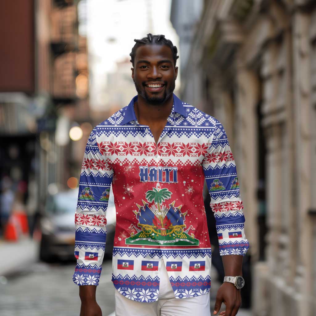 Afro Haiti Christmas Long Sleeve Button Shirt Coat Of Arms Jwaye Nwel - African Pride