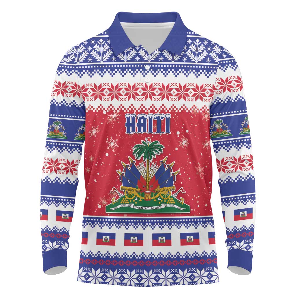 Afro Haiti Christmas Long Sleeve Polo Shirt Coat Of Arms Jwaye Nwel - African Pride